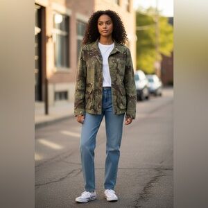 Better Be Vintage Army Green‎ Brown Camo Jacket Lg Women Long Sleeve Casual Fall